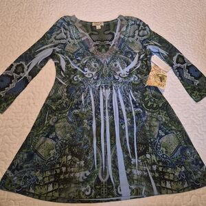 ONE WORLD Green & Blue Patterned V-Neck Tunic Top